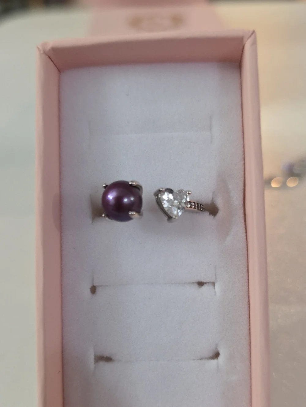 Purple Pearl and Heart Crystal Sterling Ring Set Size 4, Pearl Time